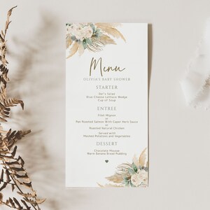 Groen Pampas Grass Menu, digitale downloadsjabloon, Boho Wedding, Boho bruidsdouche, babyshower, neutraal, afdrukbaar, Templett