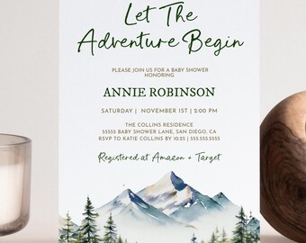 Può includere: Un invito a una festa di benvenuto per il bambino con un'illustrazione ad acquerello di montagne e alberi. Il testo recita "Let The Adventure Begin" e include il nome "Annie Robinson", la data "Sabato 1 novembre", l'ora "14:00", la posizione "The Collins Residence" e l'indirizzo "55555 Baby Shower Lane, San Diego, CA". L'invito include anche le informazioni RSVP e il testo "Registered at Amazon + Target".