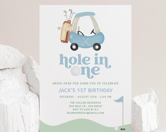 Golf theme 1st birthday Invitation, Hole in One, For Boy, Digital Download Template, Golfing Invite, Lets Partee, Templett