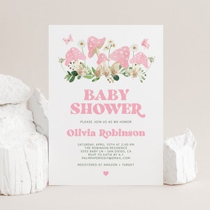 Mushroom Baby Shower Invitation Girl, Enchanted Forest Invite, Editable Template, Instant Download, Fairy Garden, Templett M4