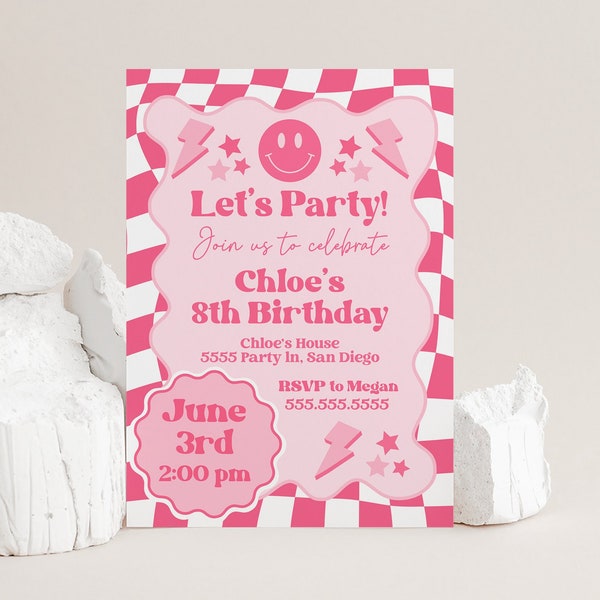 Birthday Invitation for girl, Preppy Smile Theme Invite Template, Checkered Bday Invite, Kid Teen, Digital Download, Templett