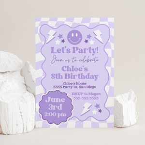 Invitation anniversaire violet fille, modèle d&#39;Invitation BCBG, anniversaire sourire damier, enfant adolescent, téléchargement numérique, Templett