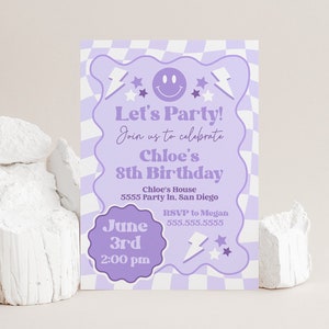 Purple Birthday Invites girl, Preppy Invitation Template, Checkered Smile Bday, Kid Teen, Digital Download, Templett