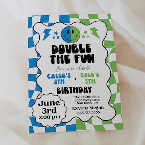 May include: A birthday party invitation with a checkered green and blue background. The invitation says "Double the Fun" and includes the names Caleb and Cole with their ages. The date and time of the party are June 3rd at 2:00 pm. The location is The Collins Home, 5555 Party Lane, San Diego, CA. The RSVP information is to Megan at 555.555.5555.