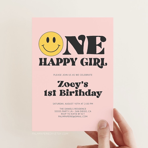 One Happy Girl Invitation, 1st Birthday Invite girls, Smile Face, ONE year of smiles, Digital Download Template, Templett
