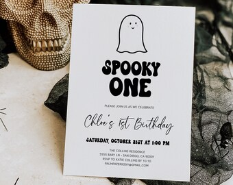 May include: A Halloween-themed invitation with the text "SPOOKY ONE" and a cute ghost illustration. The invitation is for Chloe's 1st birthday, with details including the date, time, and location. Decorative spiders and a skull are also present.