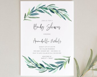 Baby Shower Invitation Gender Neutral, Digital Download, Eucalyptus, Greenery, Botanical Baby shower, Templett,