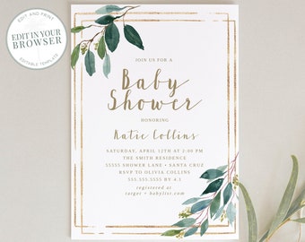 Baby Shower Invitation, Greenery, Gender neutral invite, INSTANT DOWNLOAD editable template, boy Invitations , Elegant, Templett