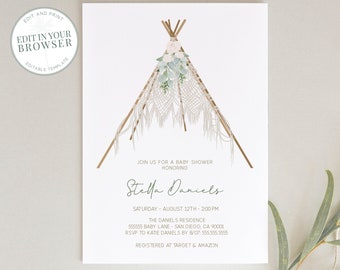 Teepee Baby Shower Invitation, Boho, Instant Download Template, Tribal Bohemian Invites, Gender Neutral, Floral