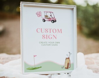 Puede incluir: Un cartel enmarcado en blanco con una ilustración de un carrito de golf rosa y una bolsa de golf. El cartel dice "Custom Sign" y "Create Your Own Custom Signs".