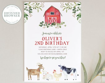 Farm Birthday Invitation, Boy, Editable, Barn Party, Digital Invite, Farm Animals, Barnyard, Boy Invitations, Instant Download, Templett