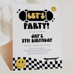 Skateboard Birthday Invitations, Skater Bday Invites for boy, Checkers, Digital Template
