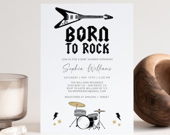 May include: A black and white baby shower invitation with the text "Born to Rock" in a bold font. The invitation features a black electric guitar and a black and white drum set. The invitation also includes the name "Sophia Williams" and the date and time of the shower.