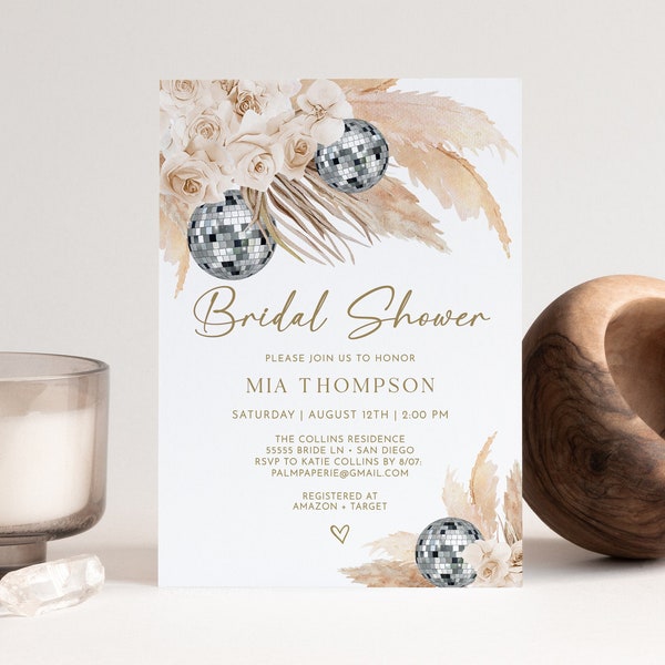 Bridal Shower Invitation Boho, Disco Pampas Grass, Neutral Bohemian, 70s Theme Invites, Digital download Template, Templett