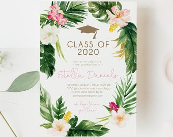 Graduation Invitation Tropical, Instant Download, Grad Party Invite, Summer, Luau, Girl Invitations, Editable Templett