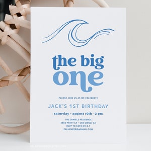 The Big One Invitation, 1st Birthday Invite Template, Surf Beach Theme, Surfs Up, Boy or Girl Bday Party, Kids, Digital Download Templett B1