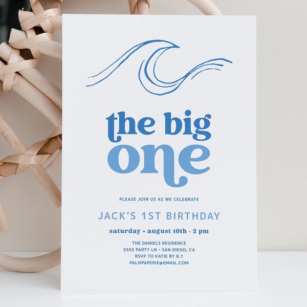 The Big One Invitation, 1st Birthday Invite Template, Surf Beach Theme, Surfs Up, Boy or Girl Bday Party, Kids, Digital Download Templett B1