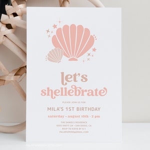 Sea Shell Invitation, Shellebrate Birthday Invite, Digital Download Template, Beach Theme, Girl Bday Party, Pink Neutral, Modern, SS