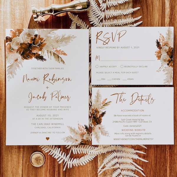 Rust Wedding Invitations, Pampas Grass, Editable Templates, Bohemian Invites, Burnt Orange Terra Cotta Floral, Instant Download, Templett