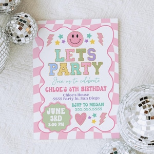 Invitaciones de fiesta de cumpleaños para niña, letras de parches preppy, invitaciones de damas, plantilla digital