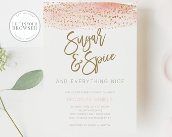 Sugar and Spice Invitation baby shower, sugar spice everything nice, Pink gold invitation, birthday, INSTANT DOWNLOAD template, TEMPLETT