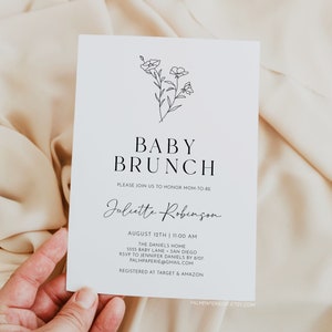 Baby Brunch Einladung Vorlage, Download, einfache Babyparty lädt ein, Minimalist schwarz weiß, moderne Blumen, minimal, bearbeitbar, Templett