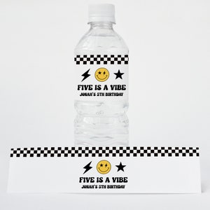 Five is a Vibe Birthday Water Bottle Label Template, Smile 5th Bday Boy, Digital Download, Printable Party Decor, Templett v5