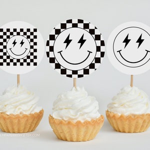 Smile Face Birthday Cupcake Toppers, Boy Bday Party, Digital Download Template, Happy Face, Lightning Bolt, Printable Decor, Templett