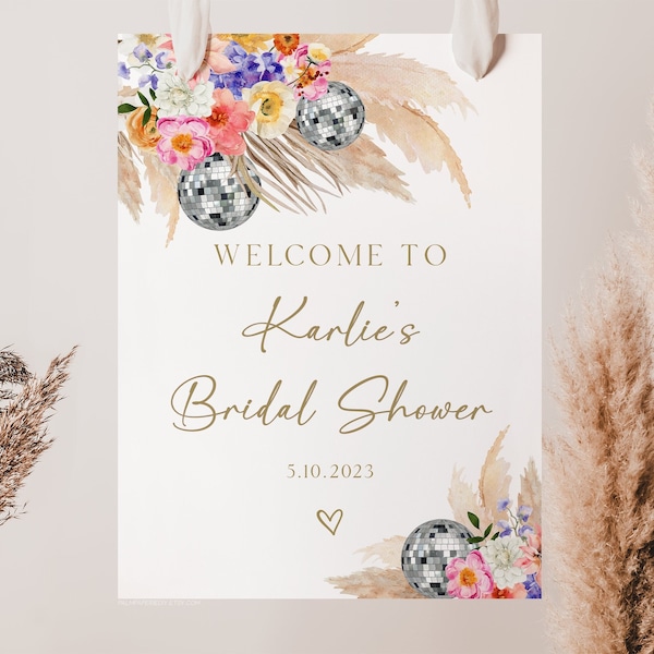 Boho Disco Welcome Sign Template, Colorful Bridal Shower, Pampas Grass, Digital Download, Bright Floral Bohemian, Printable, Templett