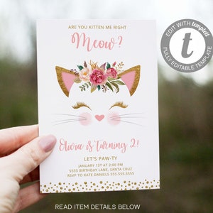 Kitten Birthday Invitation, Invites, Digital, Cat, Pink Gold, Glitter, 2nd, 3rd, Kitty Invite, Instant Download, Editable with Templett