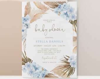Boy Baby Shower Invitation, Boho, Pampas Grass, Instant Download Invites, Bohemian for boys, Editable Template, Virtual, Templett