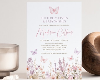 May include: A pink and white baby shower invitation with a butterfly design. The invitation reads "Butterfly Kisses & Baby Wishes" and "Join us for a baby shower honoring Madison Collins". The invitation also includes the date, time, location, and RSVP information.