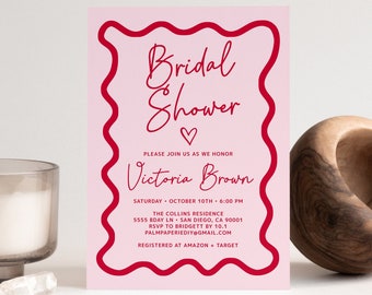 Valentines Bridal Shower Invitation, Pink Red, Retro, Digital Download, Editable Template, Heart, Templett