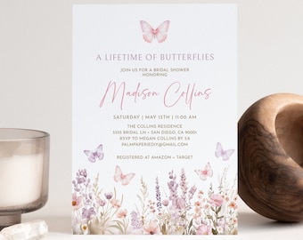 May include: A pink and white bridal shower invitation with a watercolor floral border and butterflies. The invitation reads "A Lifetime of Butterflies" and includes the name "Madison Collins".