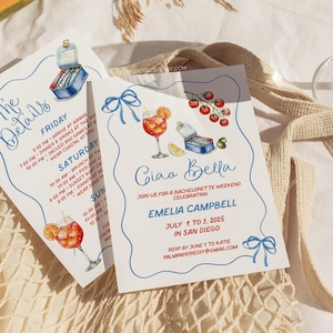 Italian Summer Bachelorette Invitation with Itinerary, Spritz, Coastal, La Dolce Vita, Editable Template, Templett