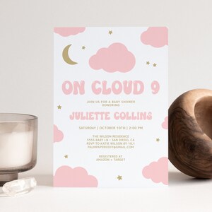 Cloud 9 Baby Shower Invitation Girl, Editable Template, Sky Theme, Moon Stars, Digital Download Templett