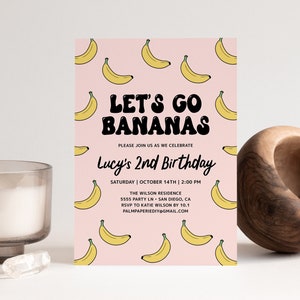 Let&#39;s Go Bananas Invitation Girl, Banana Birthday Party Theme, Digital Download, Invites, Monkey, Editable Templett B2p