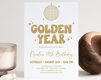Golden Birthday Invitation, Golden Year, Digital Download Invite, Gold, Women, Editable Template, Templett