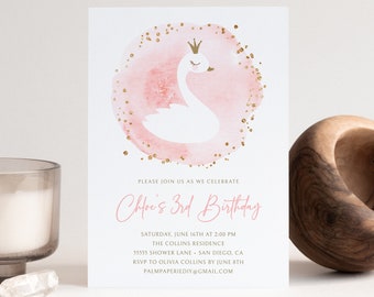May include: Pink and gold birthday invitation with a watercolor illustration of a white swan with a crown. The text reads "Please join us as we celebrate Chloe's 3rd Birthday".