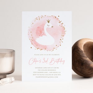 Swan Birthday Invitation Girl, Swan Princess Invite, Digital Download Template, Pink Gold, 1st, 2nd, 3rd, Editable Templett