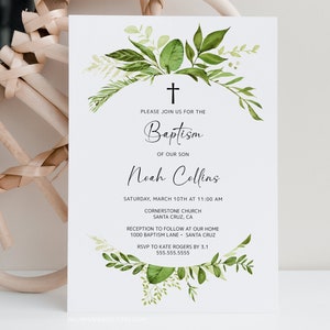 Boy Baptism Invitation, Gender neutral, Greenery, Digital Download Template, Christening Invite, LDS, Bautizo, Templett