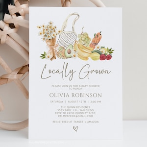 Farmers Market Baby Shower Invitation, Locally Grown, Digital Download Template, Gender Neutral, Editable frm