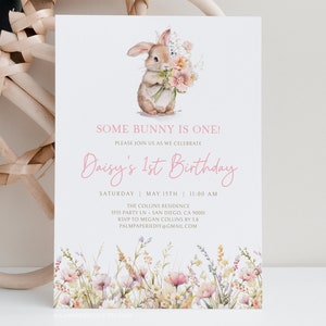 Bunny Birthday Invitation Girl, Some Bunny is One, 1st Bday Invite, Digital Download Template, Templett