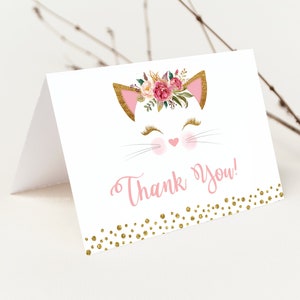 Kitten Thank you card, Cat, Pink Gold, EDITABLE, DIY, Instant Download Printable, TEMPLETT