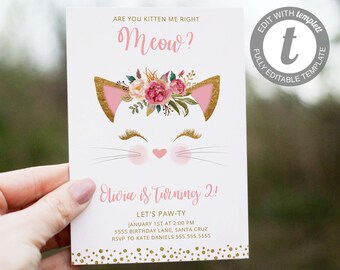 Kitten Birthday Invitation, Invites, Digital, Cat, Pink Gold, Glitter, 2nd, 3rd, Kitty Invite, Instant Download, Editable with Templett