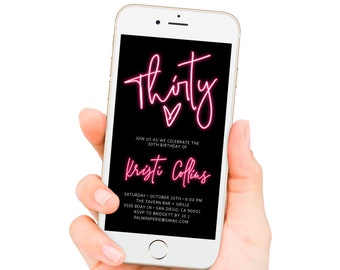 Neon 30th Birthday Invitation, Women, Electronic Text Invite (Digital Templett)