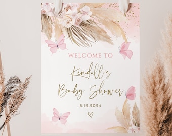 Butterfly Baby Shower Welcome Sign Template, Boho Butterfly Kisses, Digital Download Signage, Girl, Printable, Templett