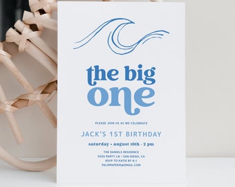 The Big One Invitation, 1st Birthday Invite Template, Surf Beach Theme, Surfs Up, Boy or Girl Bday Party, Kids, Digital Download Templett B1