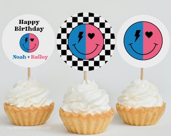 Combined Birthday Cupcake Toppers, Boy Girl Joint Party, Digital Download Template, Smile, Happy Face, Sibling, Printable Decor, Templett j1