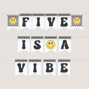 Five is a Vibe Banner Template, Digital Download, 5th Birthday Bunting for boy, Smile Face Decor, Digital Download, Printable, Templett v5